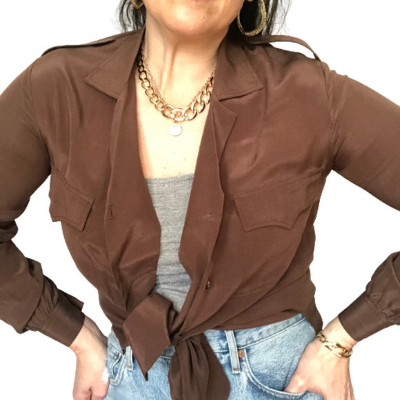 Vintage 100% Silk Button Up Safari Blouse Front Pockets Carole Little St Tropez - Picture 12 of 16